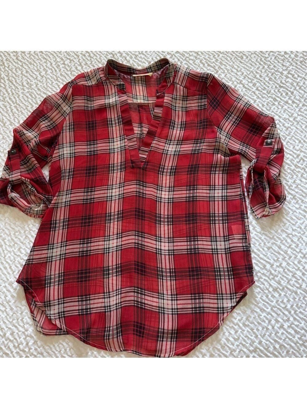 Lush Red Plaid Women's Blouse, 3/4 Sleeve, Size S - Picture 3 of 7